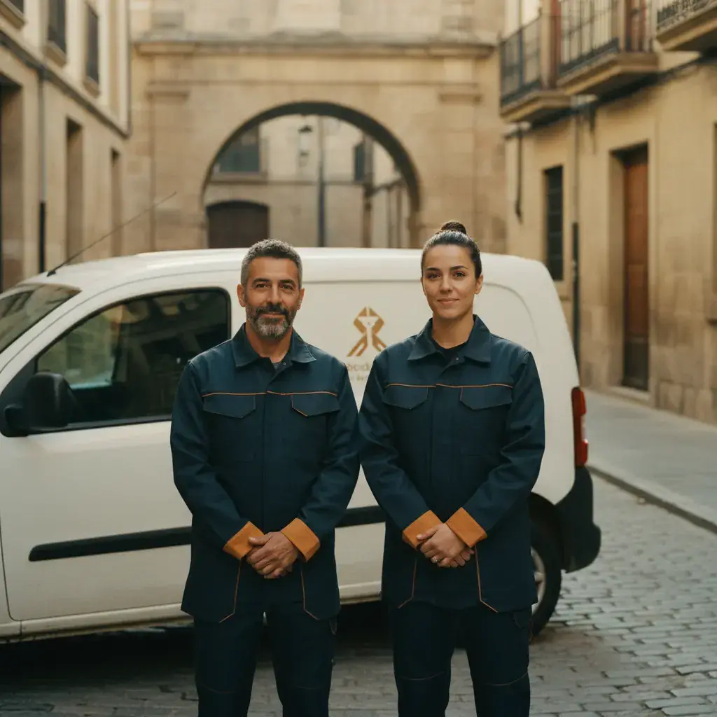 Dos fontaneros de Fontaraba con uniforme azul delante de la furgoneta