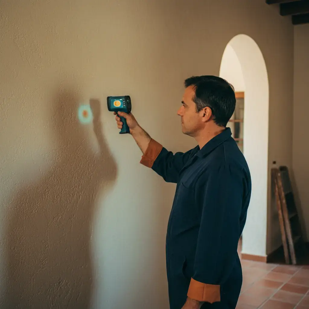 Fontanero localizando una fuga en la pared con un detector antes de abrir